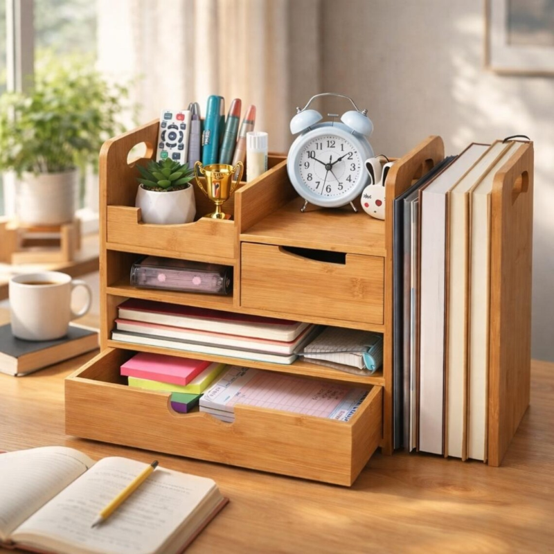 SmartHub Bamboo Desk Organizer with Drawer