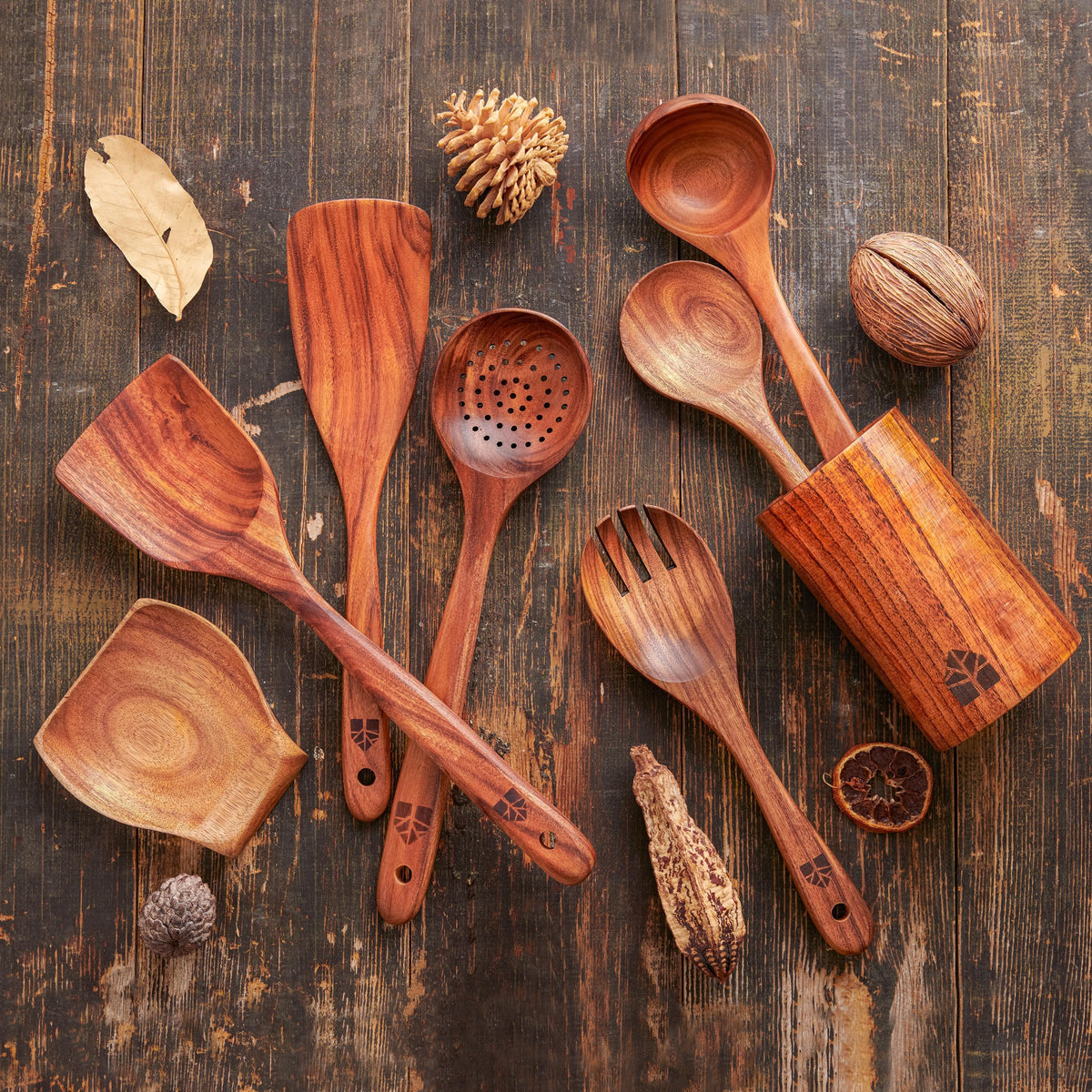 Teak Wood Kitchen Utensil Set with Holder