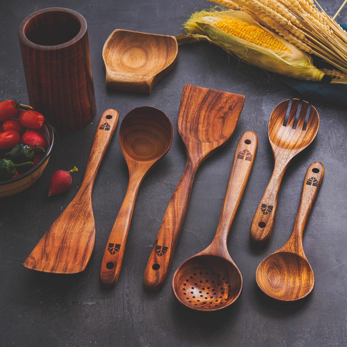 Teak Wood Kitchen Utensil Set with Holder