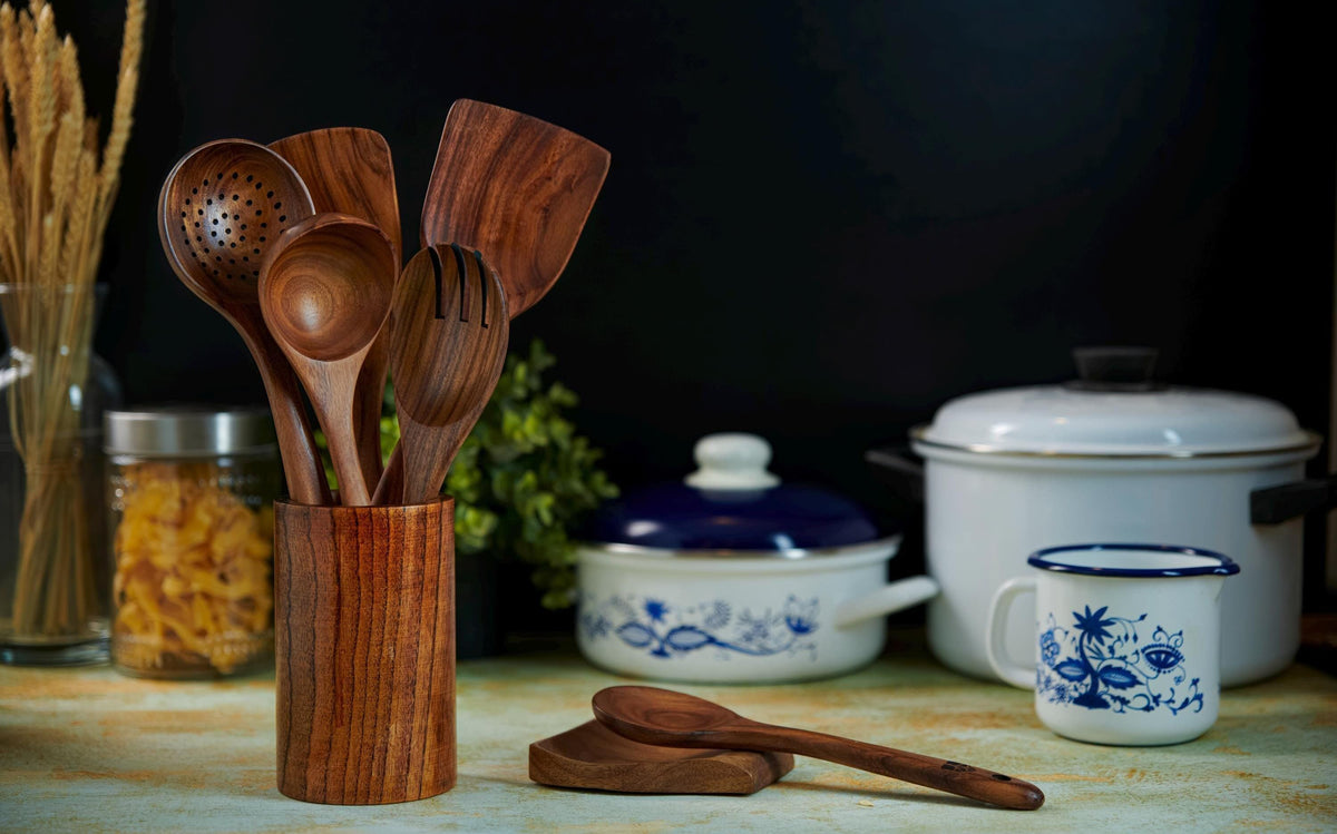 Teak Wood Kitchen Utensil Set with Holder
