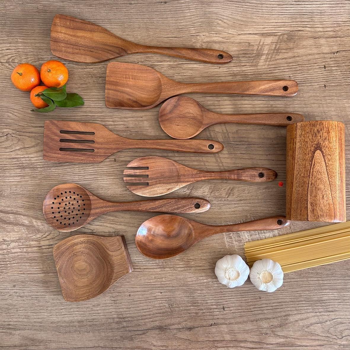 9-Piece Teak Wood Kitchen Utensil Set