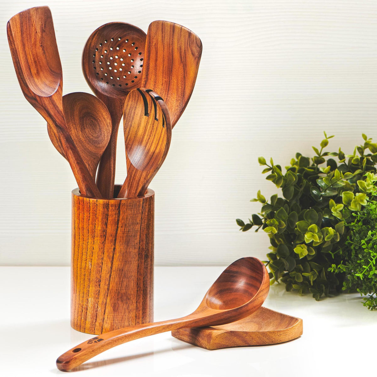 Teak Wood Kitchen Utensil Set with Holder